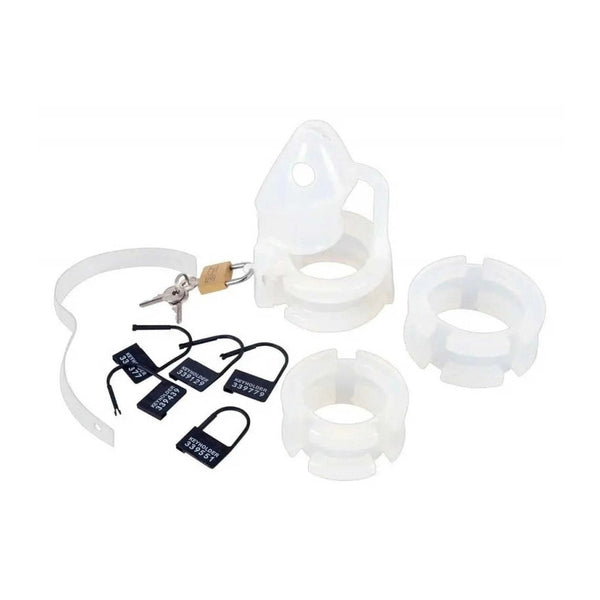 Set gabbia peniena in silicone con cintura, anelli, tappo e serratura Keyholder