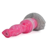 Dildo forma testa cane rosa marmo vista laterale su base grigia