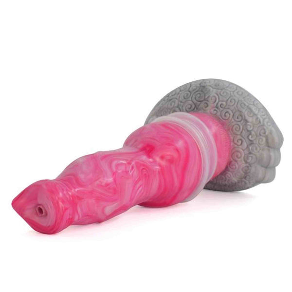 Dildo forma testa cane rosa marmo vista laterale su base grigia