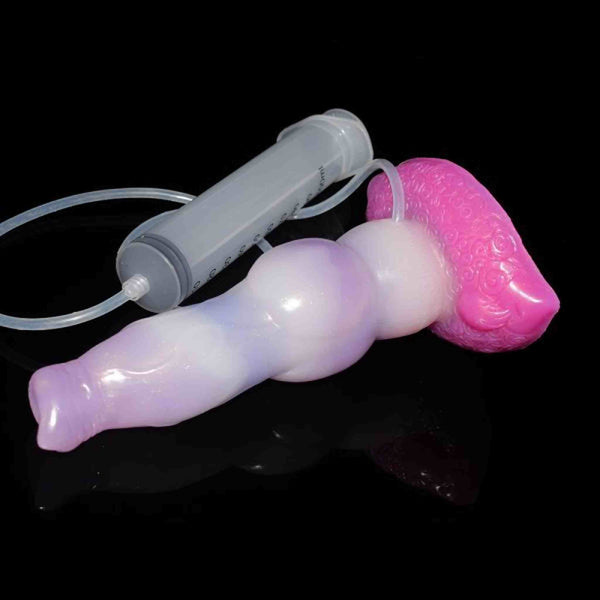 Dildo squirt silicone forma cane Curly Coated Retriever viola e rosa con tubo