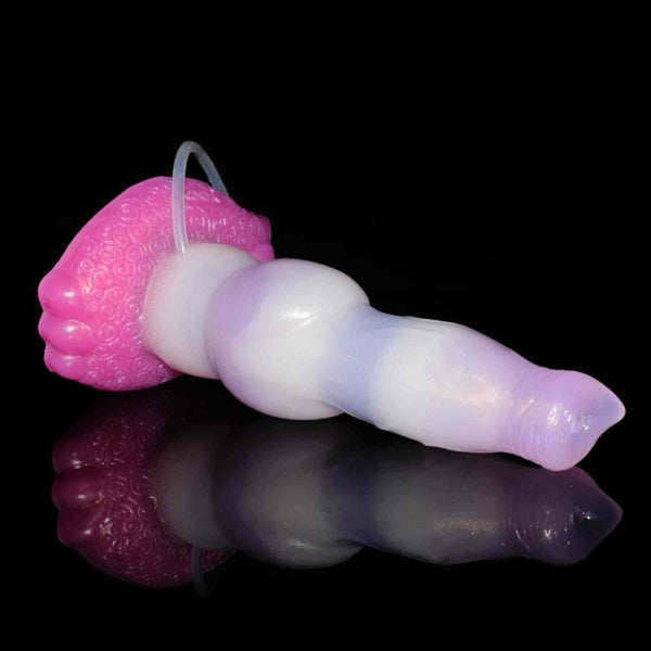 Dildo squirt silicone Curly Coated Retriever viola-bianco vista laterale orizzontale
