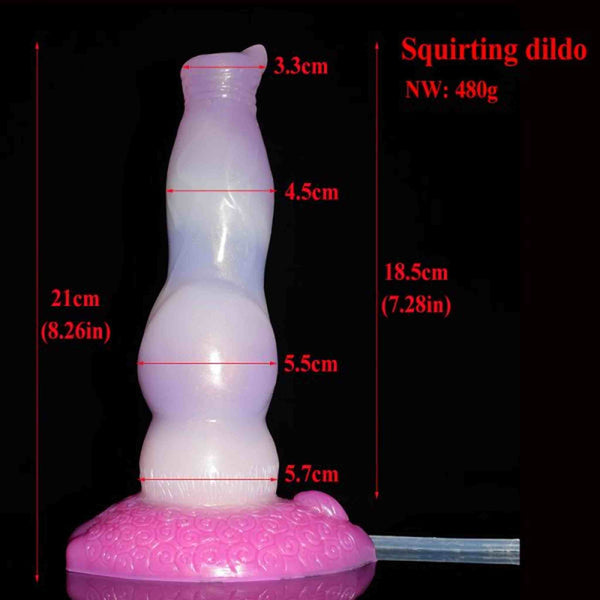 Dildo squirt silicone Curly Coated Retriever viola-bianco con etichetta dimensioni