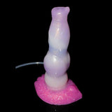 Vista frontale dildo squirt silicone cane Curly Coated Retriever viola e bianco