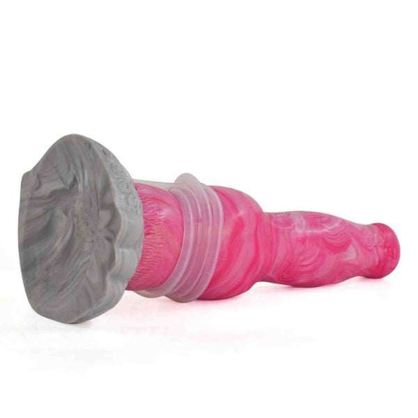 Vista laterale dildo cane rosa marmo con tubo trasparente avvolto