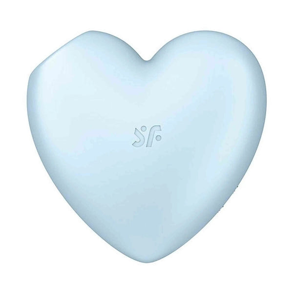 Vista frontale Satisfyer Cutie Heart blu chiaro con logo Sf inciso