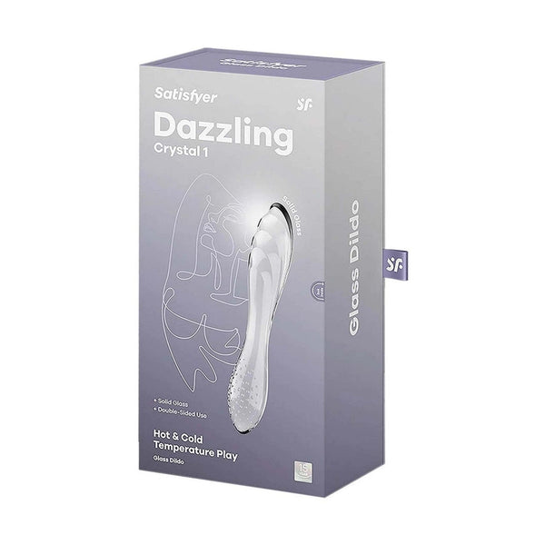 Angolo confezione vetro Satisfyer Dazzling Crystal 1 con dicitura gioco caldo/freddo