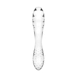 Vista frontale dildo in vetro Satisfyer con riflessi luminosi e texture incisa