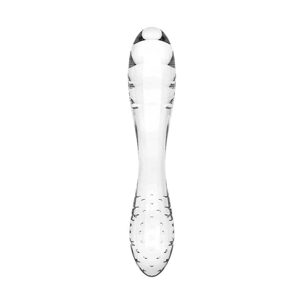 Vista frontale dildo in vetro Satisfyer con riflessi luminosi e texture incisa