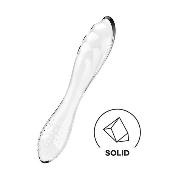 Angolo diagonale dildo in vetro Satisfyer con etichetta 'SOLID' e base ruvida