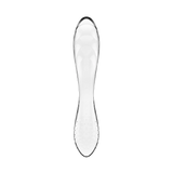 Vista frontale dildo in vetro trasparente Satisfyer a forma di clessidra con dettagli base