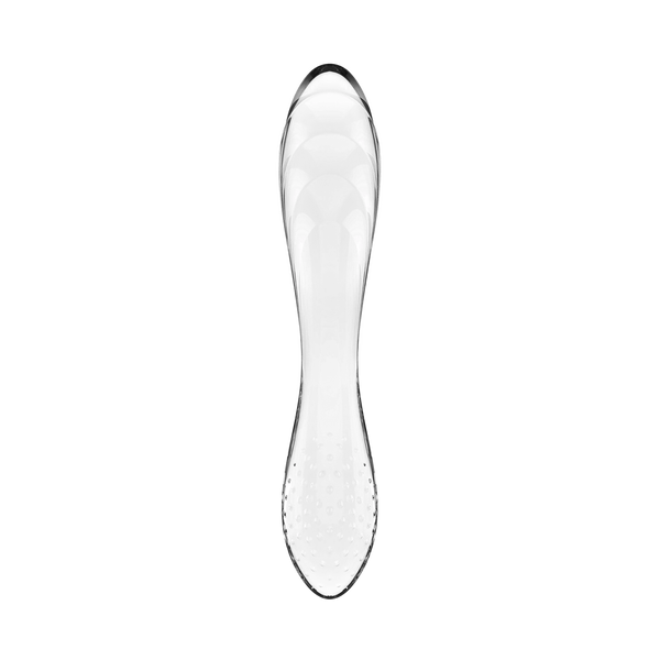 Vista frontale dildo in vetro trasparente Satisfyer a forma di clessidra con dettagli base