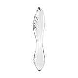 Profilo laterale dildo in vetro lucido Satisfyer con forma sinuosa e base punteggiata