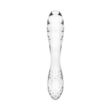 Dettaglio frontale dildo in vetro trasparente Satisfyer con rilievi circolari sulla base