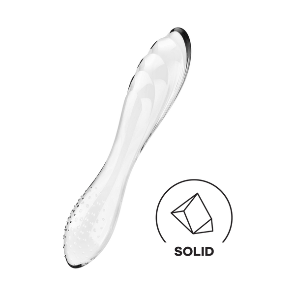 Dildo in vetro trasparente Satisfyer con icona 'SOLID' che indica materiale solido