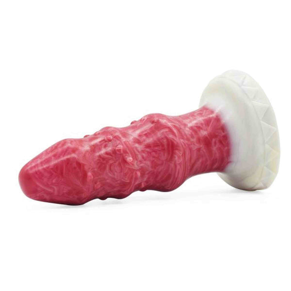 Dildo Magmara rosso lucido con noduli base bianca decorata triangoli incisi
