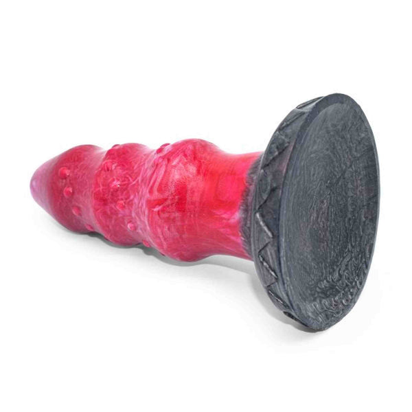 Profilo laterale dildo Magmara rosso venato texture ondulata base triangoli incisi