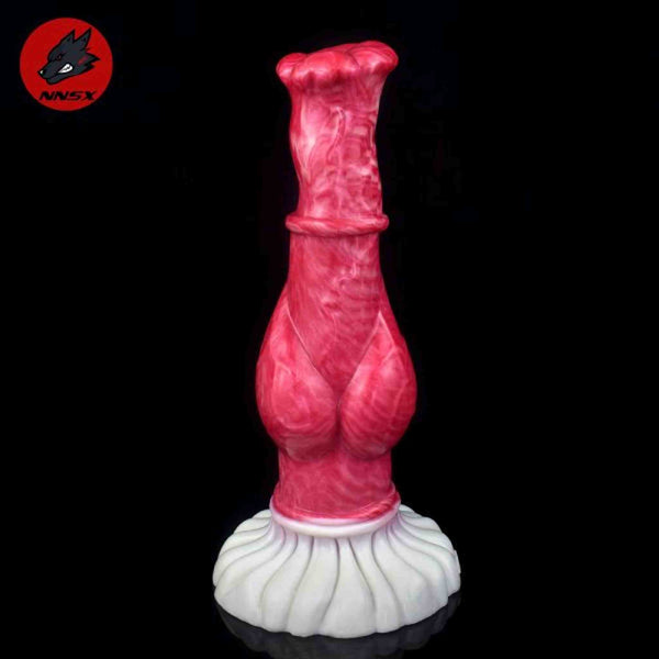 Dena dildo in silicone rosso con venature bianche e base a ventaglio