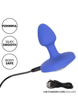 Plug anale siliceo blu con cavo di ricarica USB incluso e icone sicurezza