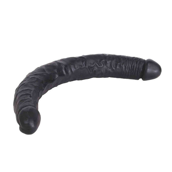 Doppio dildo nero lunghezza 30 cm angolazione laterale che mostra curvatura naturale e estremità definite