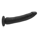 Dildo nero in silicone con ventosa e rilievi, vista frontale su sfondo bianco