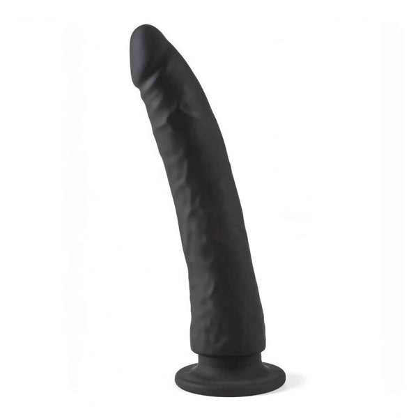 Dildo realistico nero in silicone con base a ventosa, posizione verticale