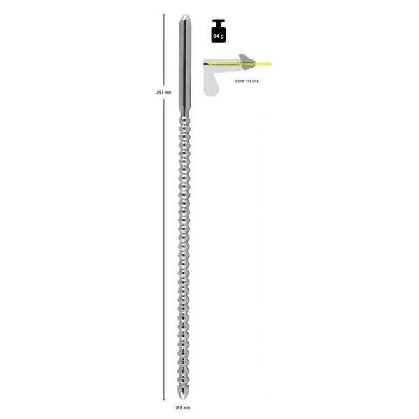 Sonda uretrale Dip Stick Ripped acciaio inox argento con coste e punta arrotondata, istruzioni d'uso