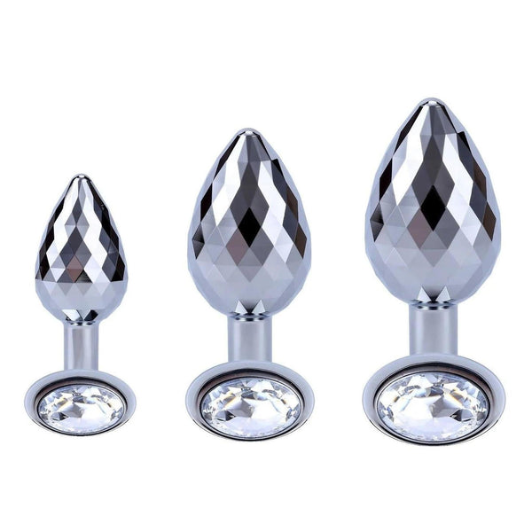 Set di tre plug anali Disco Diamond in vetro trasparente taglie diverse