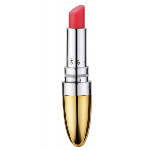 Vibratore rossetto oro con pulsanti ON OFF OPEN e punta rosa visibile