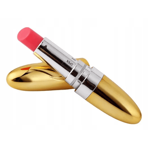 Vibratore rossetto oro metallizzato con cappuccio posteriore e scritta OPEN