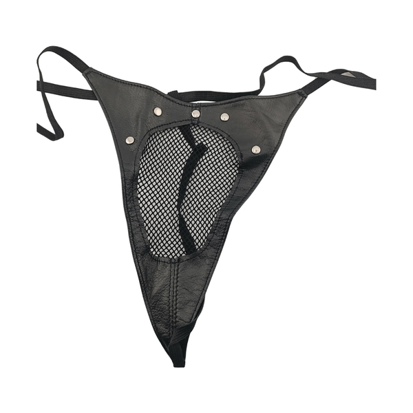 Perizoma intimo donna nero a rete con dettagli pelle sintetica e borchie laterali
