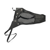 Dettaglio laterale perizoma nero a rete con borchie e fascia elastica in pelle sintetica