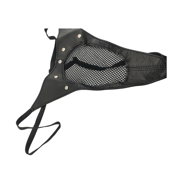 Dettaglio laterale perizoma nero a rete con borchie e fascia elastica in pelle sintetica