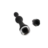 Vista dall'alto plug anale silicone nero con apertura circolare e anello metallico lucido