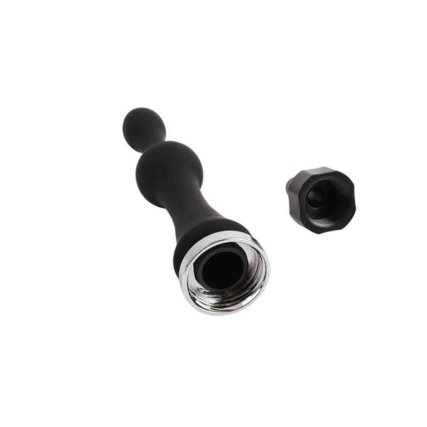 Vista dall'alto plug anale silicone nero con apertura circolare e anello metallico lucido