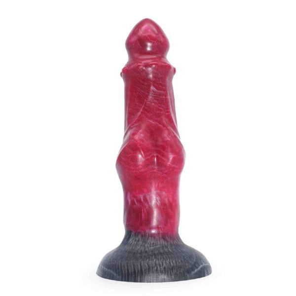 Dildo rosso in silicone con base nera, dettaglio forma anatomica curva