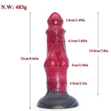 Dildo in silicone rosso con base nera texture legno, vista frontale dettagliata