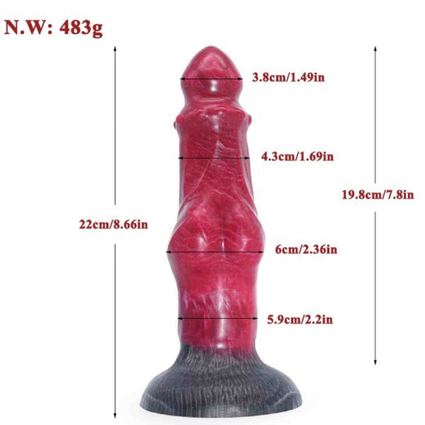 Dildo in silicone rosso con base nera texture legno, vista frontale dettagliata