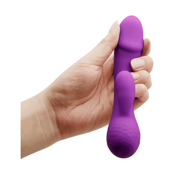 Vibratore rabbit viola in silicone morbido con asta diritta e pulsante di accensione