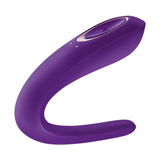 Vibratore a forma di C Satisfyer viola con pulsante dorato e indicatori luminosi