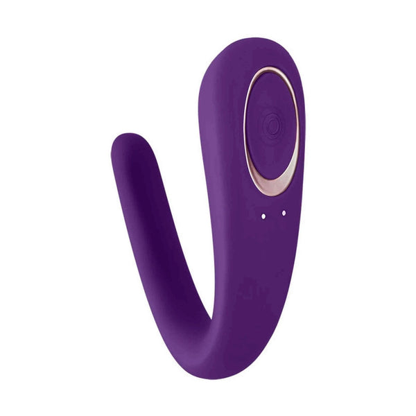 Vibratore partner viola Satisfyer vista laterale con finitura morbida e anello dorato