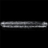 Dildo trasparente a doppia estremità visto frontalmente con dettagli scolpiti realistici