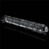 Vista laterale dildo trasparente TPE a due teste con superficie scolpita su sfondo nero