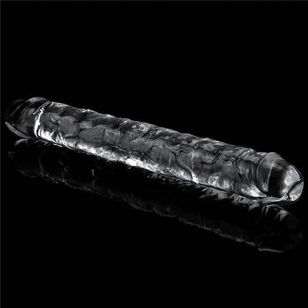 Vista laterale dildo trasparente TPE a due teste con superficie scolpita su sfondo nero