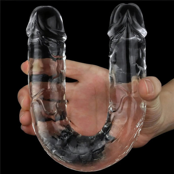 Dildo trasparente TPE piegato a U per dimostrare massima flessibilità e morbidezza