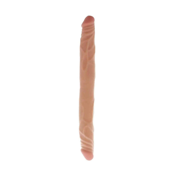 Vista laterale dildo doppio Rosa Carne TPE con texture venature