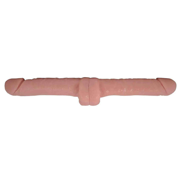 Doppio dildo rosa carne orizzontale con texture granulosa e dettagli anatomici