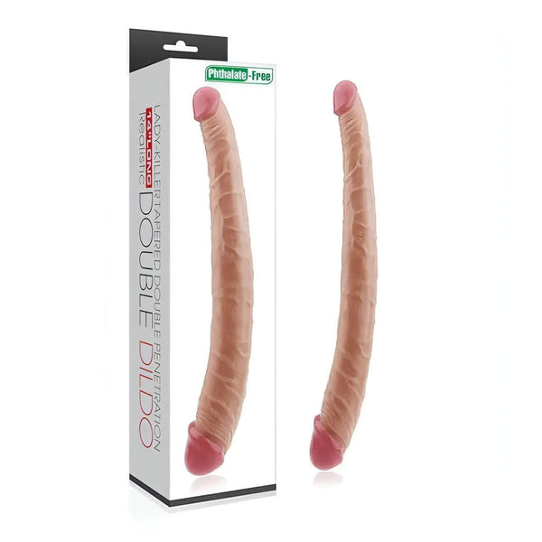 Doppio dildo rosa carne Phthalate-Free con confezione e testo verticale