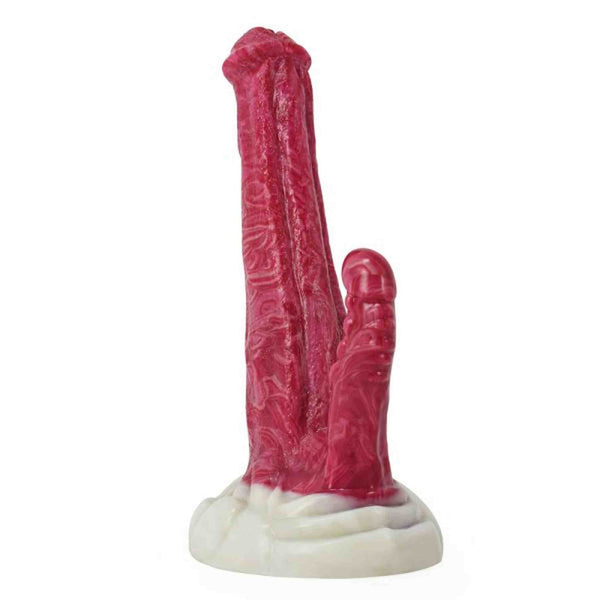 Vista frontale dildo mostro rosso scuro Dragon Horse Divine Beast con asta verticale e base a onde