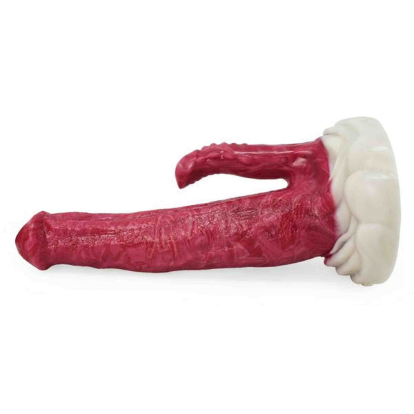Vista laterale dildo fantasy rosso scuro Dragon Horse Divine Beast con ramo secondario e base scolpita