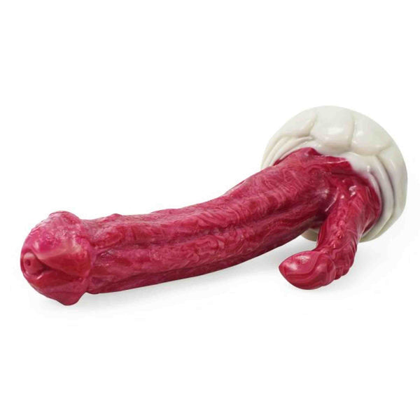 Angolazione alta dildo mostro rosso scuro Dragon Horse Divine Beast con texture pelle e base bianca